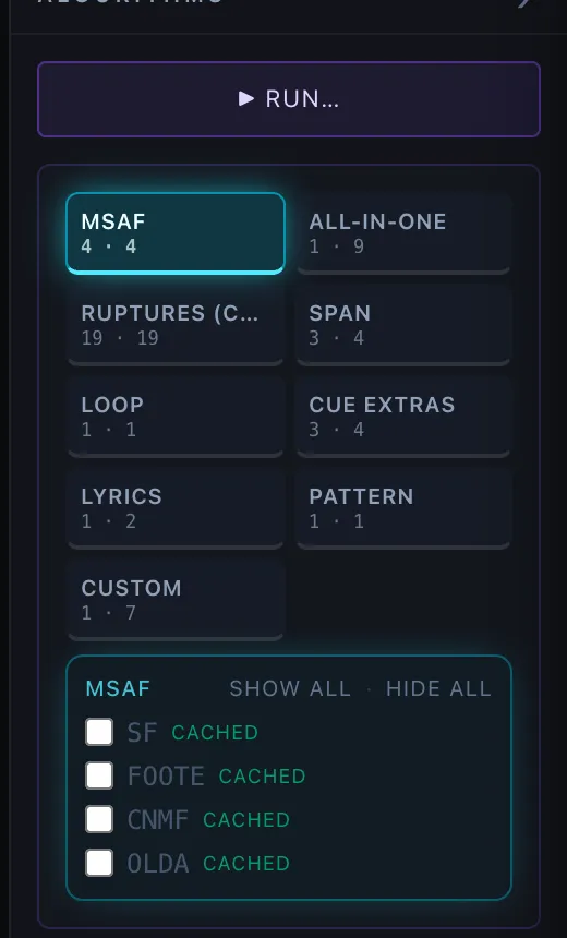 The Algorithms sidebar — Run picker plus detector families (MSAF, All-in-one, Ruptures) with cached/missing status