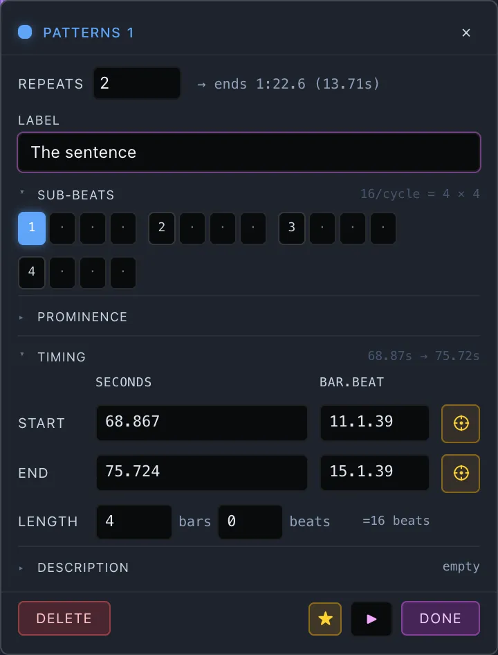 A riff-instance edit card — Repeats and Label always visible, then the Sequence, Prominence, Timing and Description sections, each with a fold toggle and a folded summary