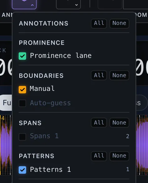 The Annotations dropdown — All / None on every heading, the Prominence lane toggle, and per-layer visibility for Boundaries and Spans