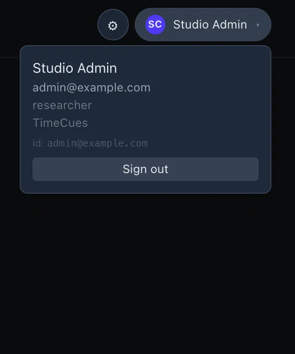 The identity dropdown — display name, id, Admin chip, and sign-out