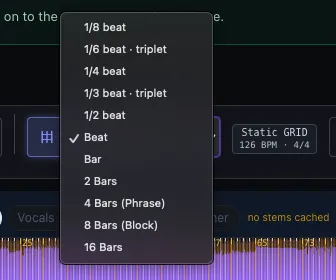 Beat-grid unit dropdown — fractions from 1/8 beat up through 16 Bars, plus the Compound (×3 beats) entry for compound meters