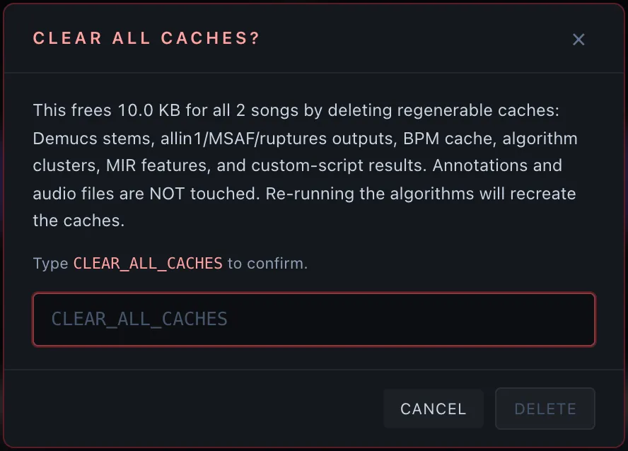 The Clear all caches confirmation — type CLEAR_ALL_CACHES to confirm; deletes regenerable caches only
