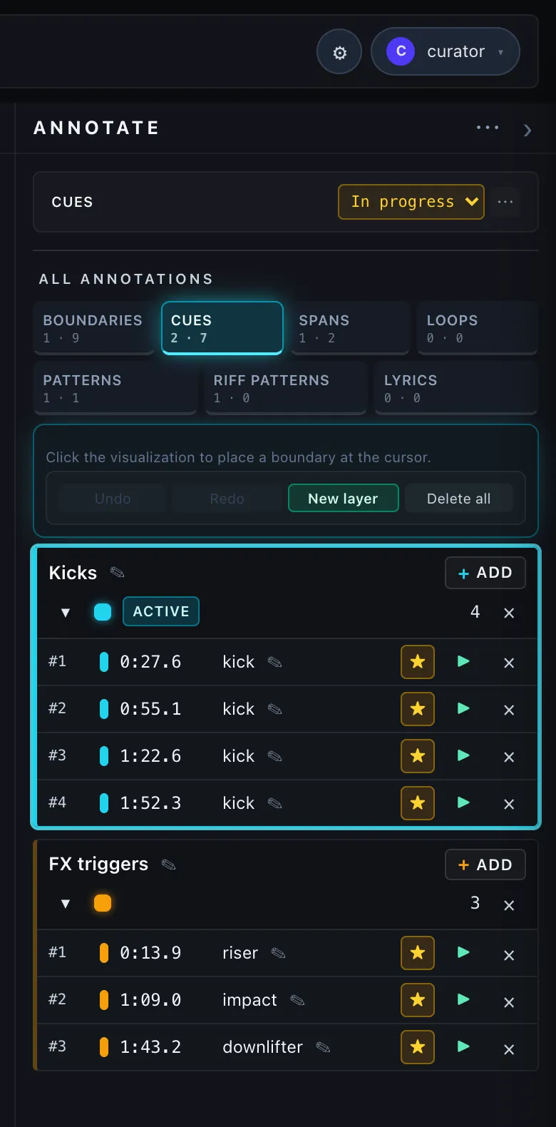 Two cue layers in the Annotate sidebar — each card header carries its own + Add button, so the add lands in the layer you press