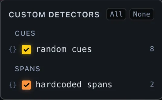 The Detectors dropdown — the Detectors section as its own popover in Algorithm Inspect, with All / None and one sub-heading per annotation type