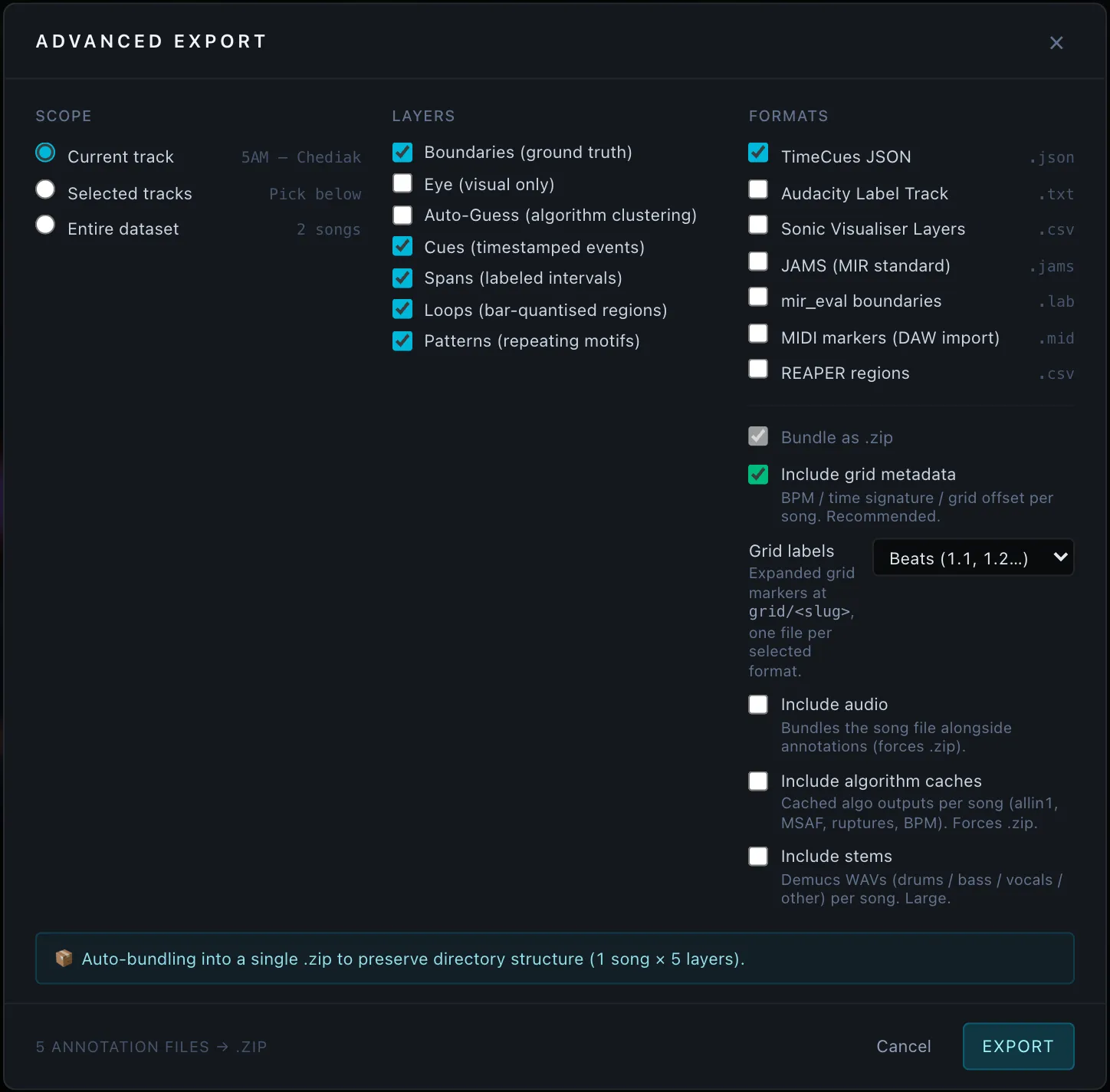The Advanced export dialog — Scope, Layers, Formats, and bundling options