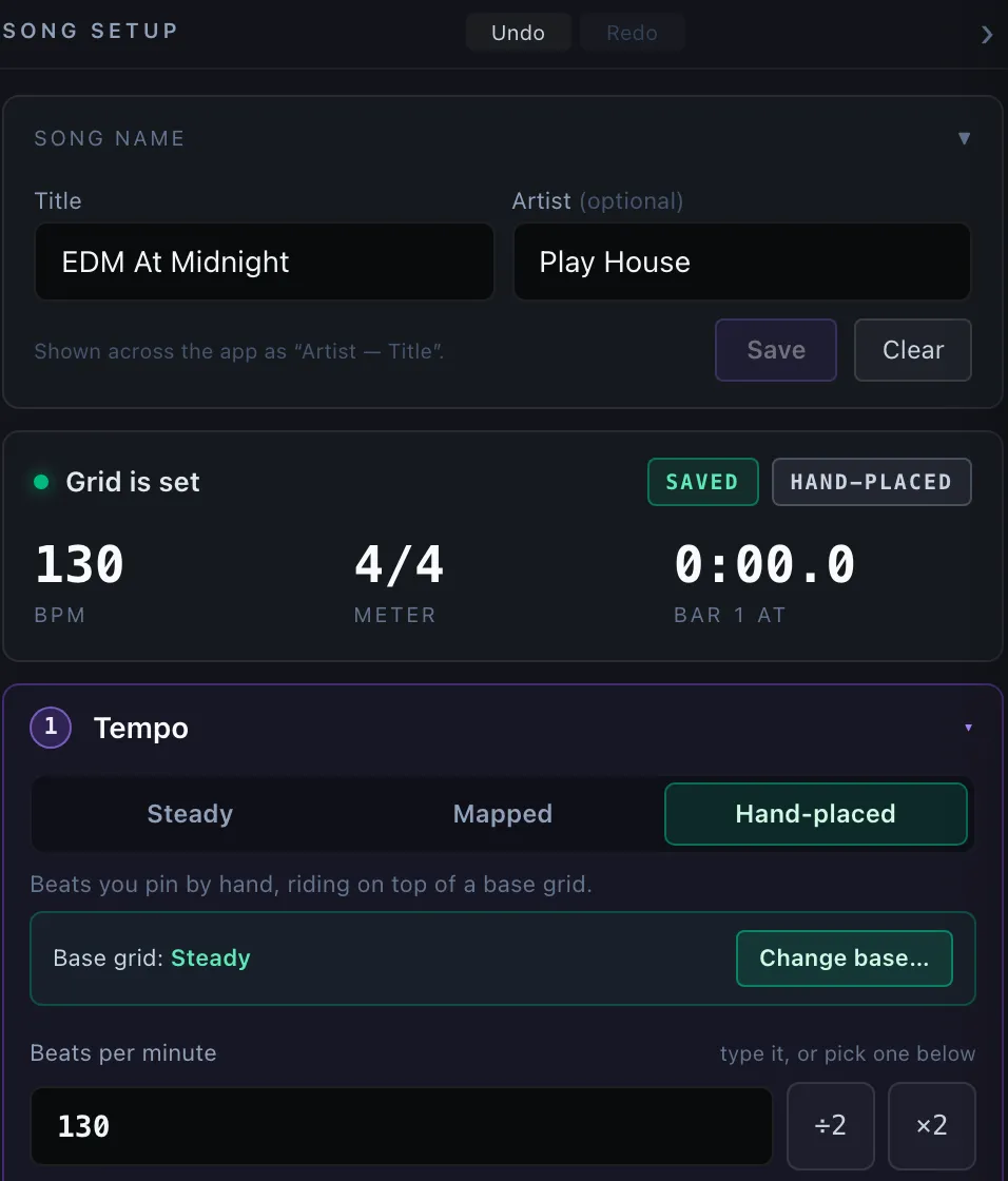 Hand-placed grid mode — per-beat pinning with reset controls