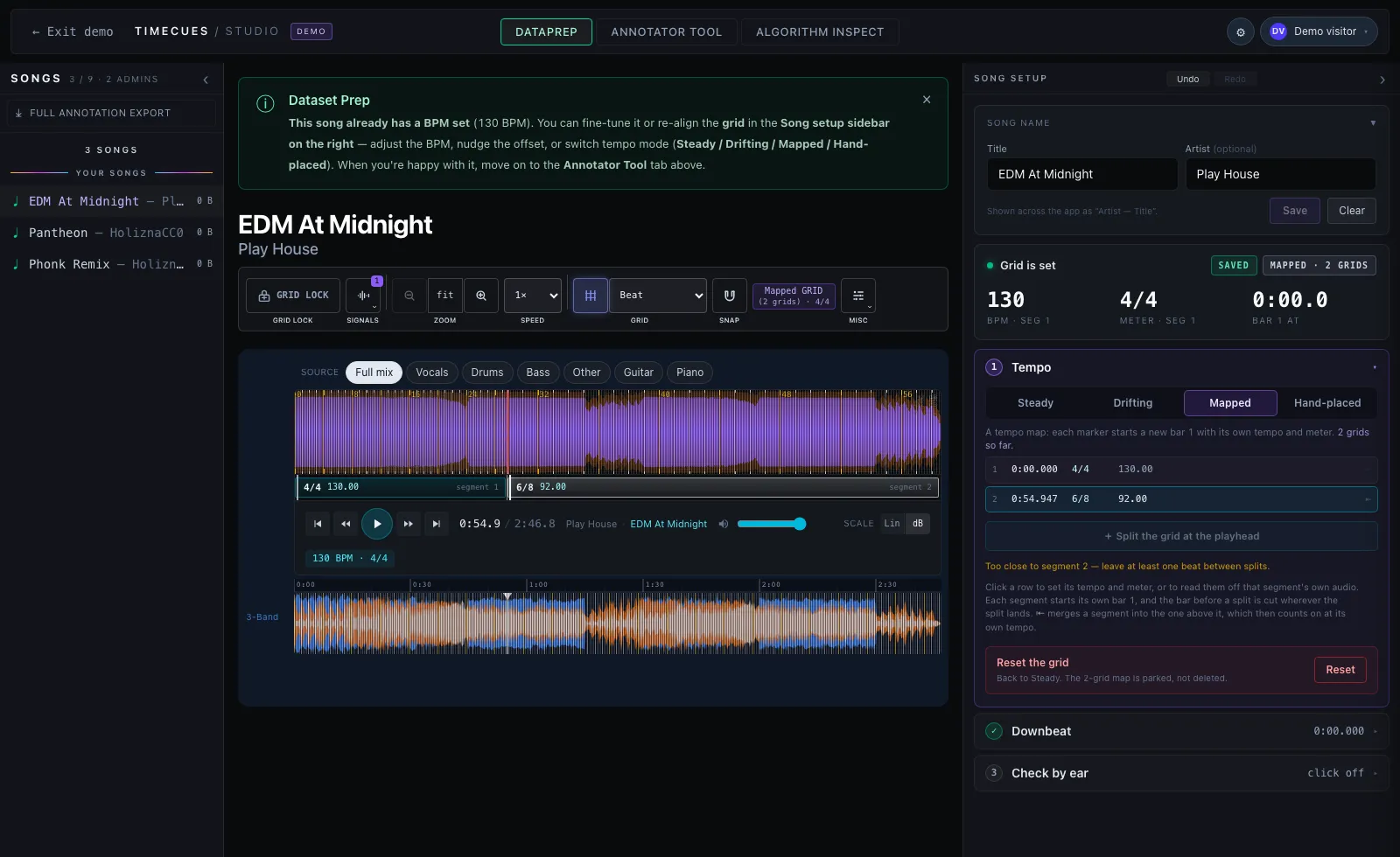 Mapped mode — the tempo-map list under the mode picker in step ① Tempo, and the segment lane under the waveform: two grids (4/4 at 130, then 6/8 at 92), the double-bar-line marker between them, and the hatched cut bar just before it. The bar's beat count is not on screen here: it appears on the hatch while that segment's editor is open