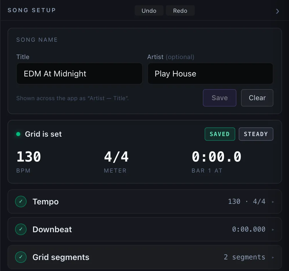 The Song setup sidebar header — Undo and Redo beside the collapse chevron, both live after a grid segment was split twice and stepped back once