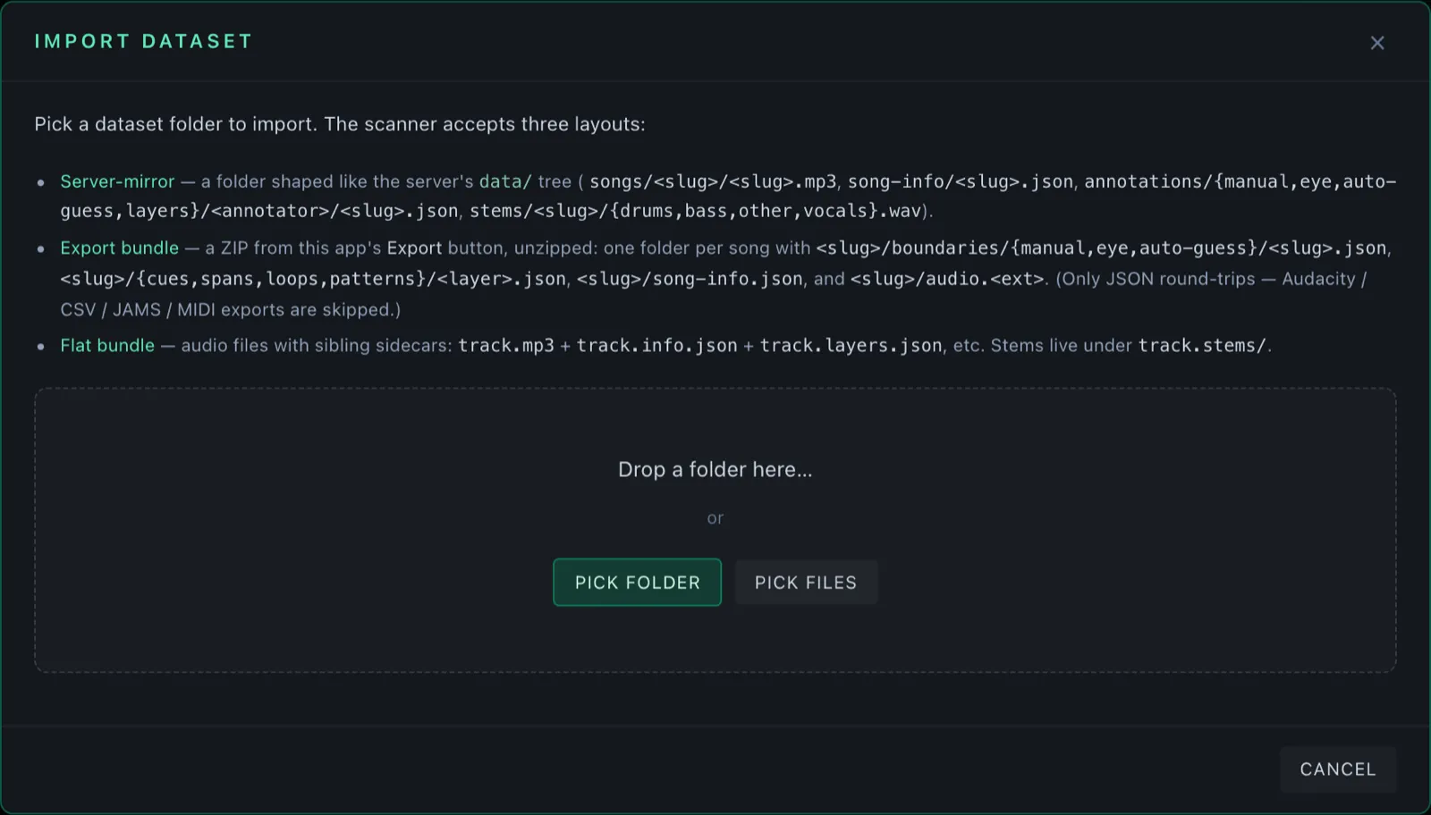 The Import dataset dialog — pick a folder of songs to bring into the corpus