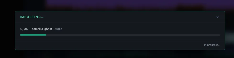 Import progress — current song and step under a green progress bar