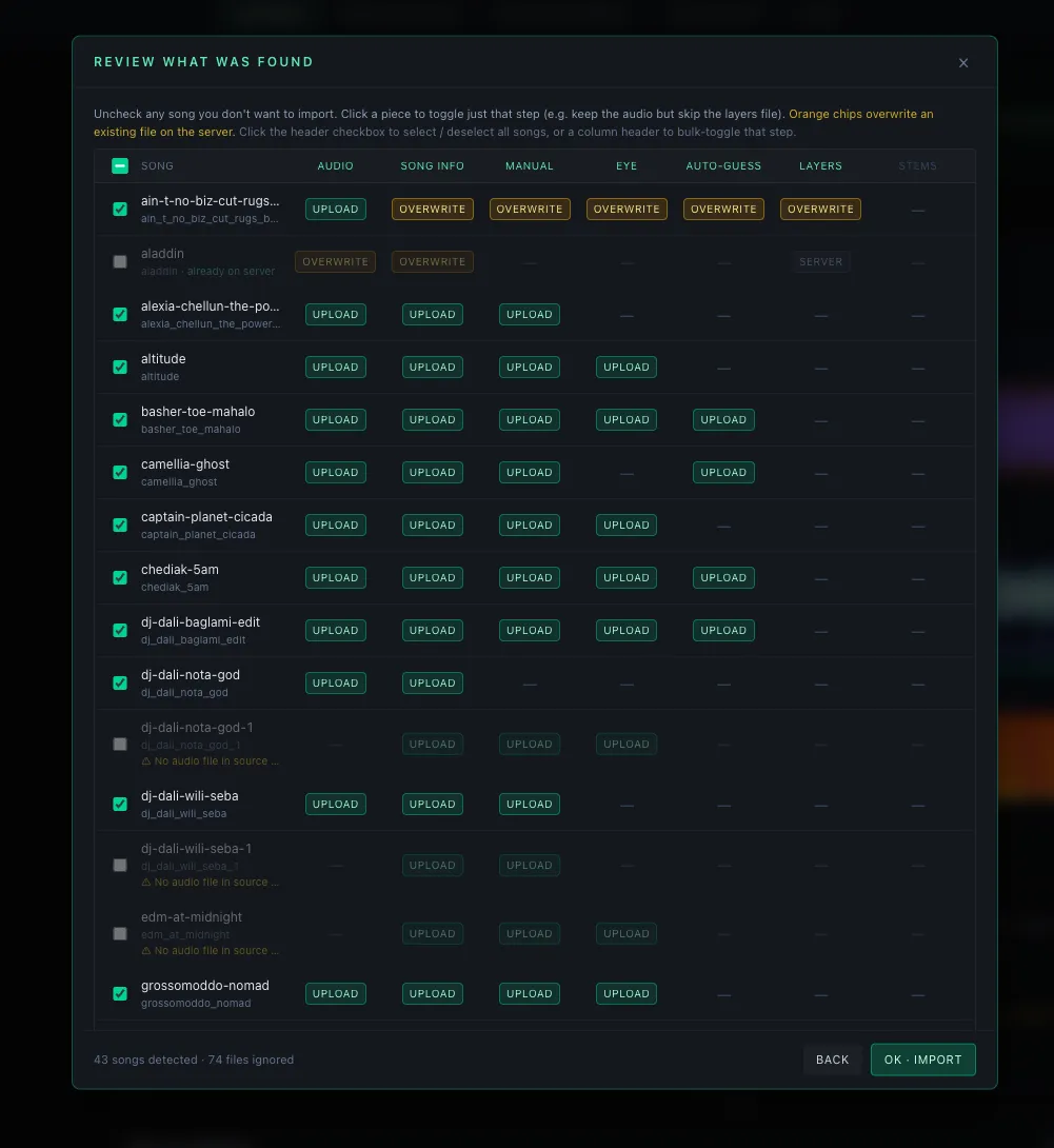 Import review table — chips per song with upload / overwrite / server / — states