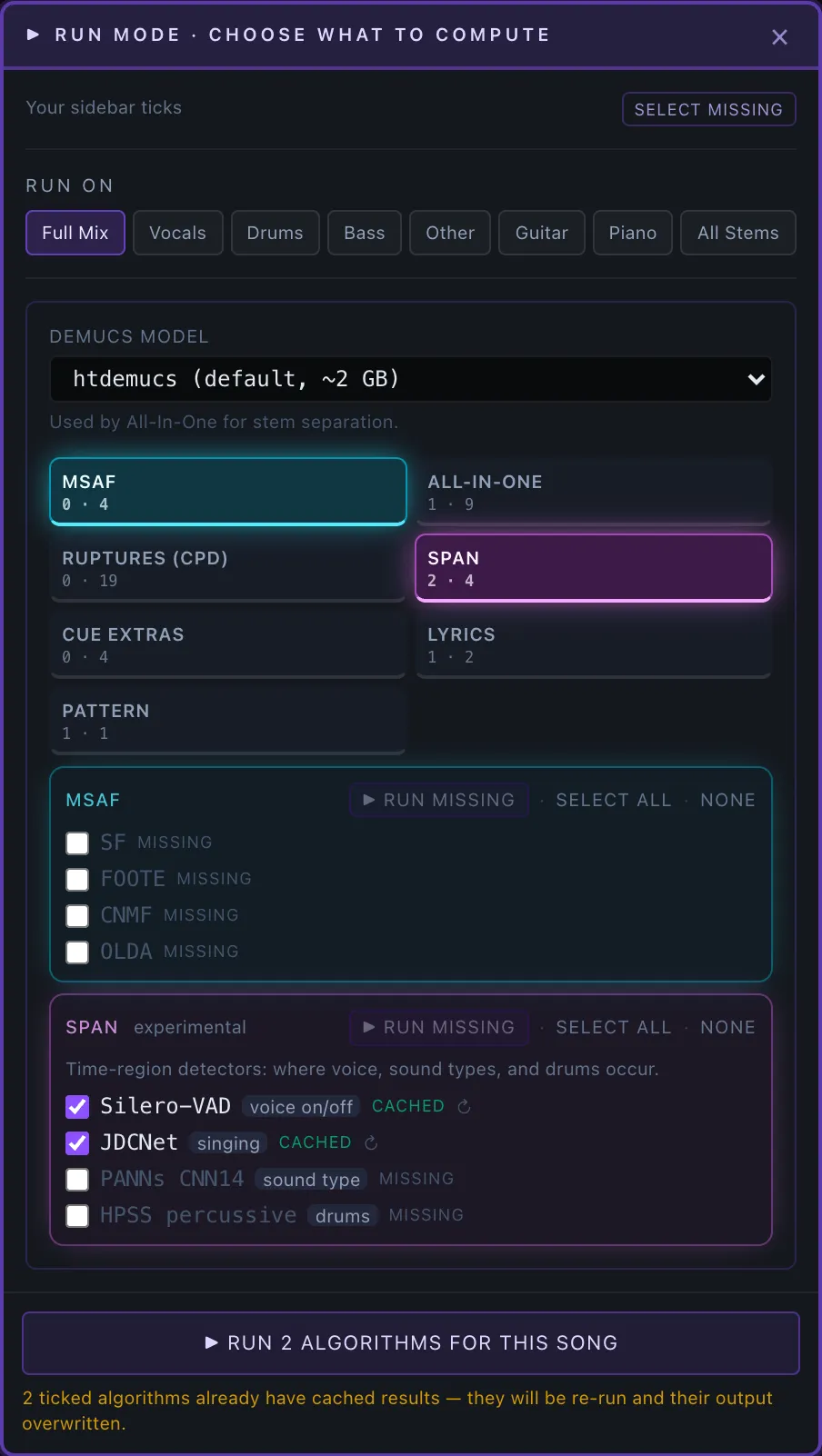 The Run picker (▶ Run…) — opens mirroring the Algorithms sidebar's ticks; Select missing seeds the not-yet-cached ones