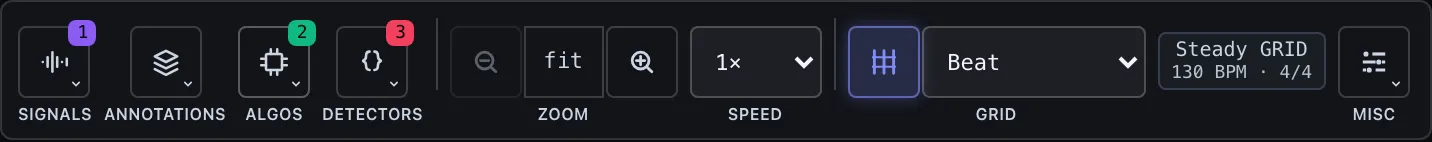 The Algorithm Inspect viz control bar — Signals, Annotations, Algos, and Detectors popovers ahead of Zoom, Speed, Grid, and Misc