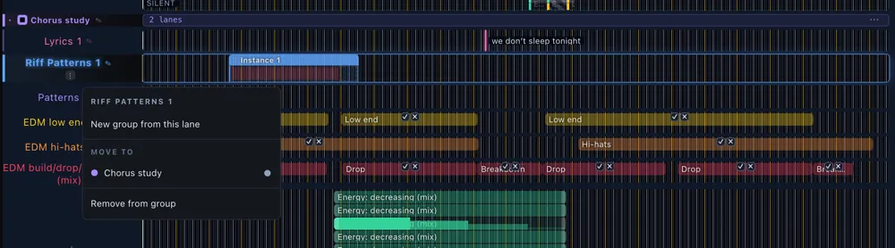 The ⋮ menu on a lane inside the "Chorus study" band, offering New group from this lane, Move to, and Remove from group