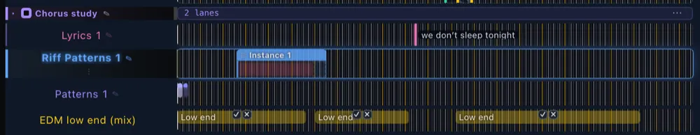 A "Chorus study" band holding the Lyrics and Riff Patterns lanes, with two ungrouped lanes below it