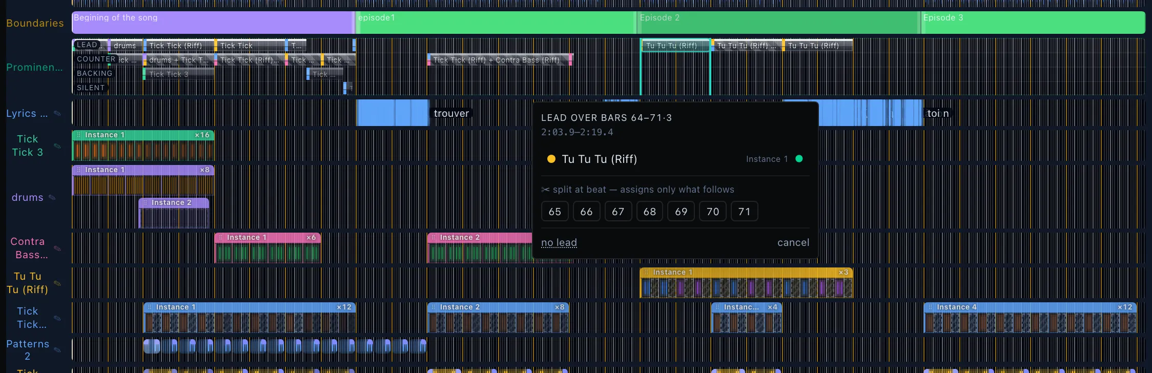 The Prominence lane above the annotation rows: four stacked tiers labelled Lead, Counter, Backing and Silent, drawn as grey columns capped by a level rule with each holder's colour as a tab down the left edge, with the picker open on a Lead block — every annotation alive in the range offered as the next leader, and a chip per beat to cut the block at