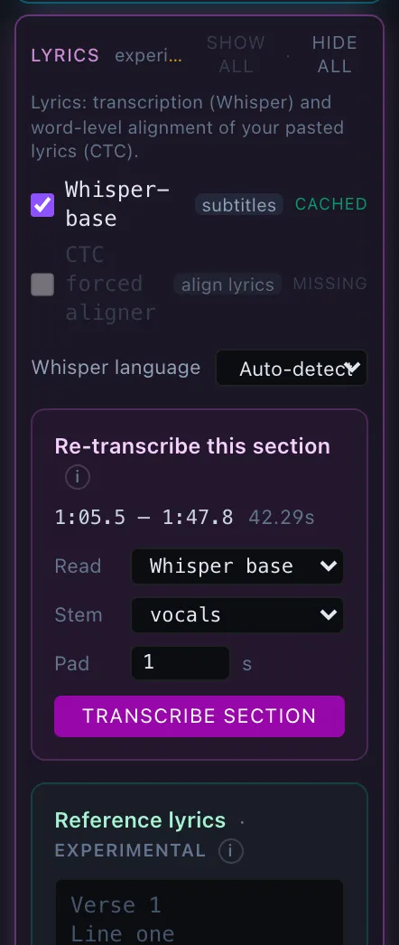 The LYRICS family in the Algorithms sidebar, with Re-transcribe this section under the Whisper checkbox — the highlighted 1:05.5 – 1:47.8 window, read by Whisper base on the vocals stem