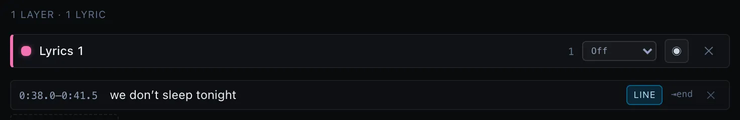 The Lyrics layer toolbar — layer name, item count, and the snap-granularity picker sitting at its Off default, above a lyric line row