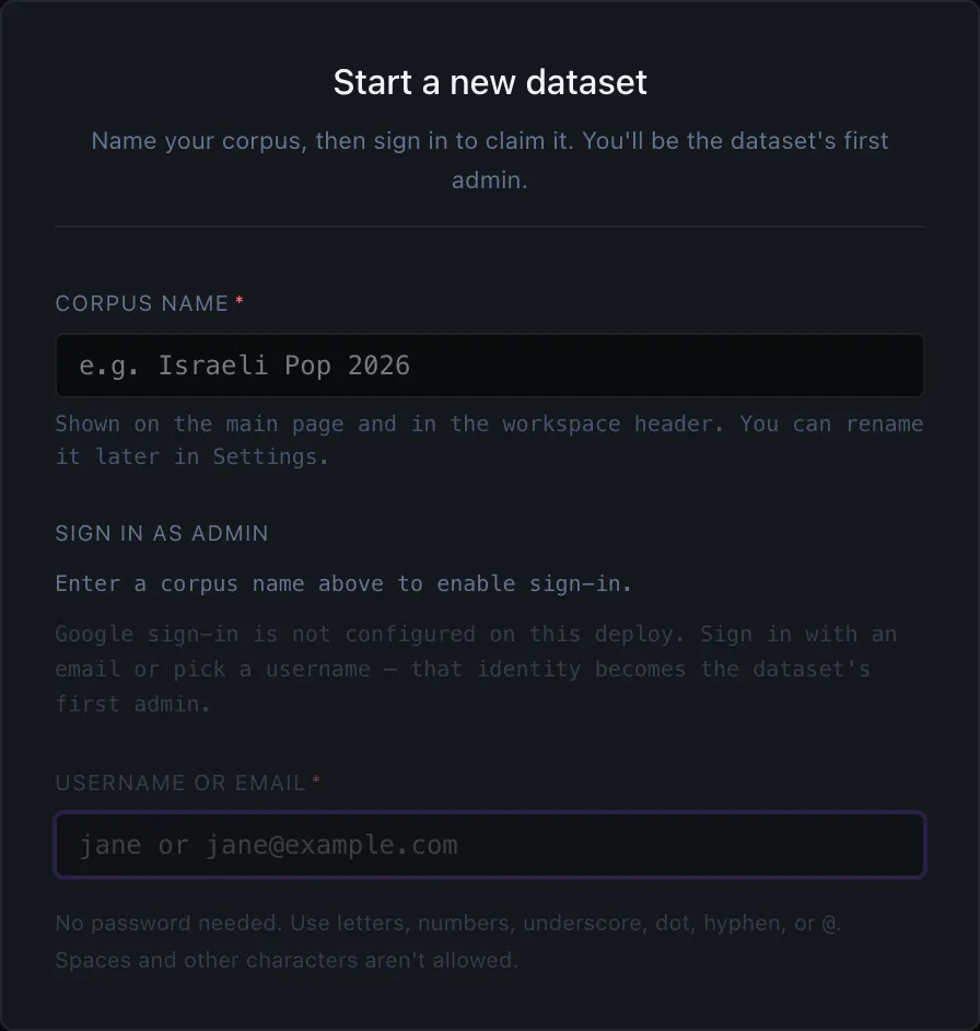 The new-dataset setup form
