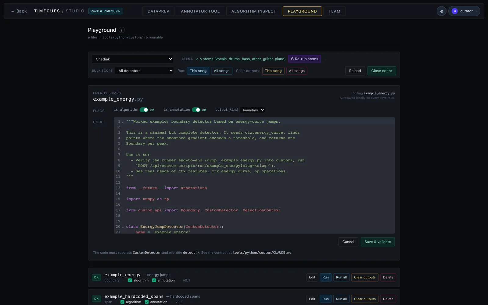 The detector code editor — edit the Python source, manifest, and run inline