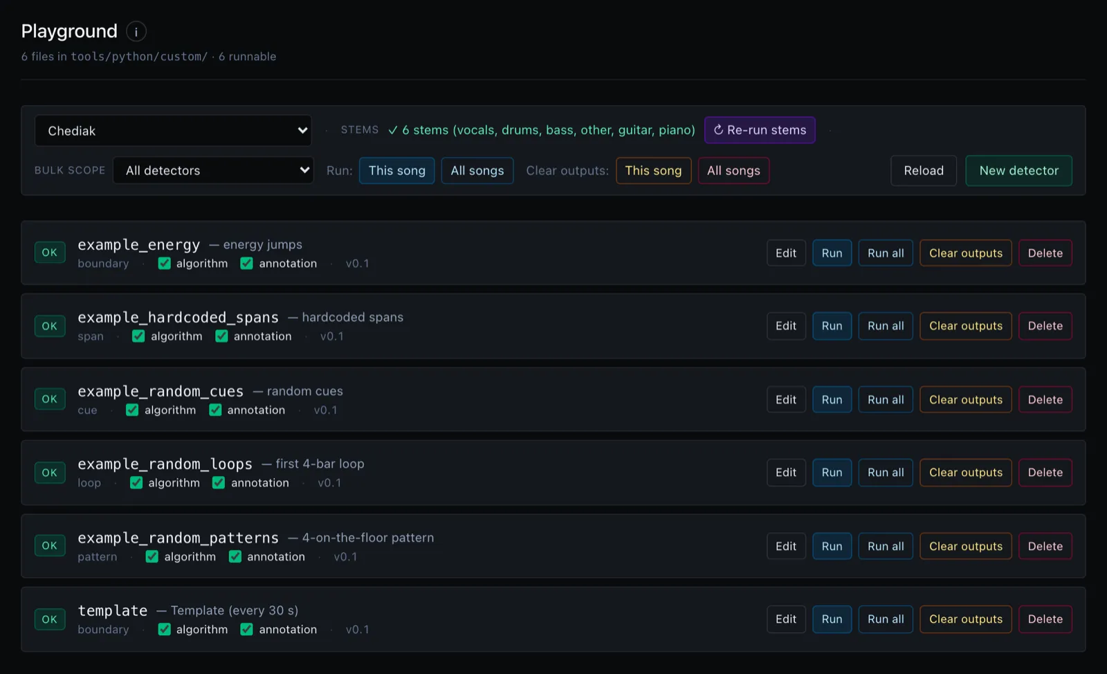 The Playground — write, save, run, and inspect custom Python detectors against the corpus