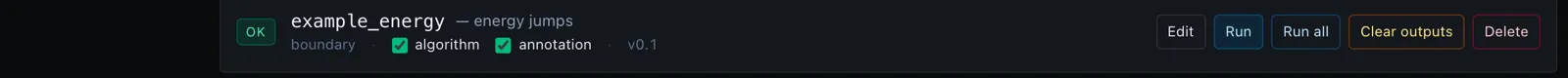A detector row — status, name, kind/version, and Edit / Run / Run all / Clear outputs / Delete