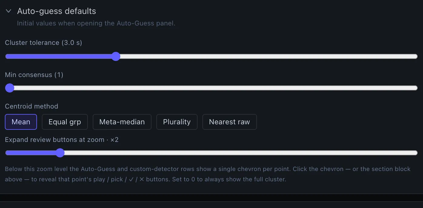 Auto-guess defaults — initial values for the Auto-guess panel