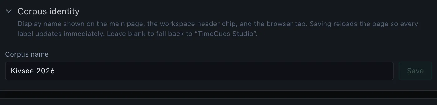 Corpus identity — rename the corpus shown on the landing card and workspace header
