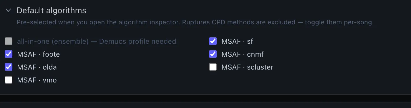 Default algorithms — which detectors are pre-selected in Algorithm Inspect