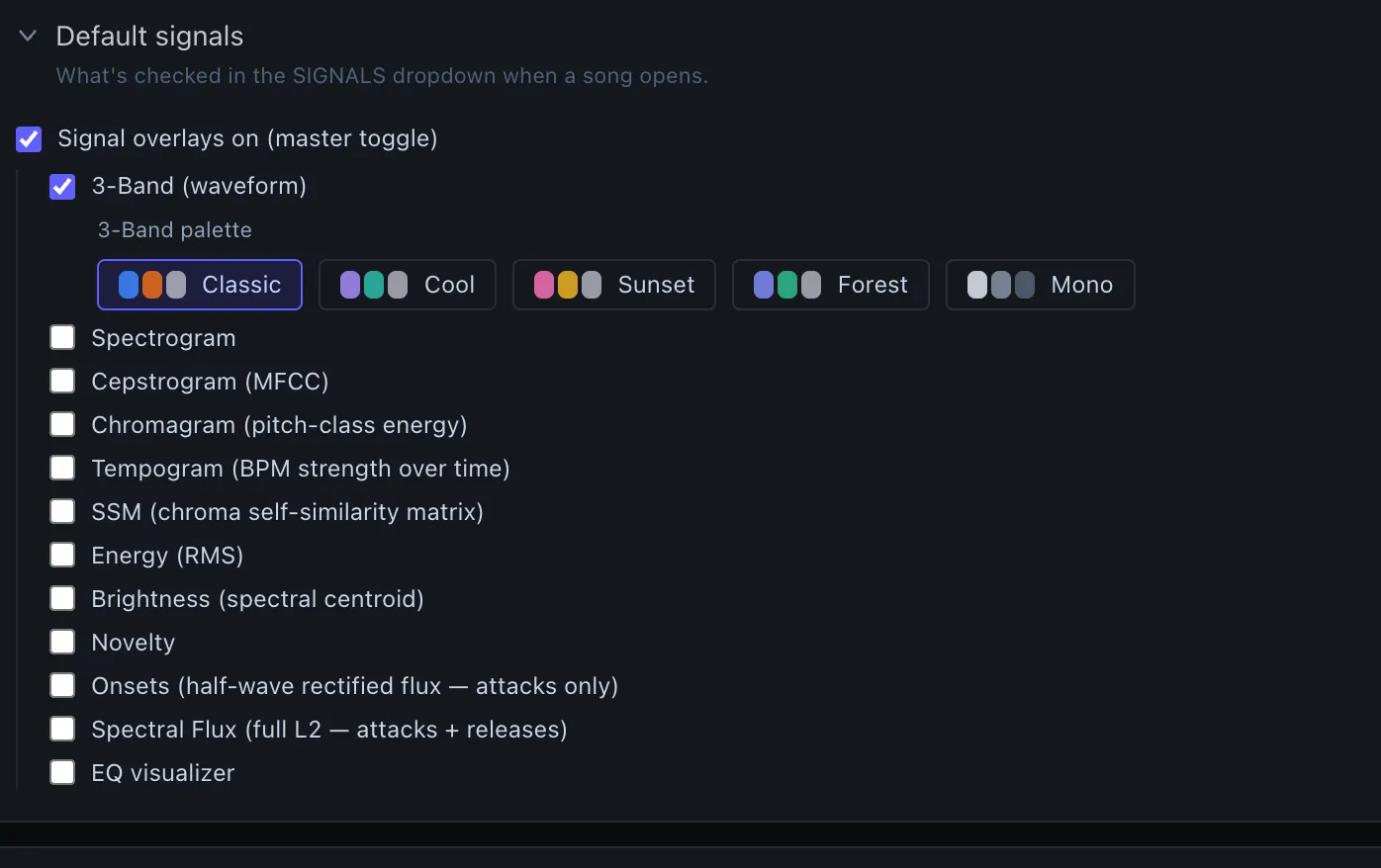 Default signals — the 3-Band palette and the twelve signal-row defaults