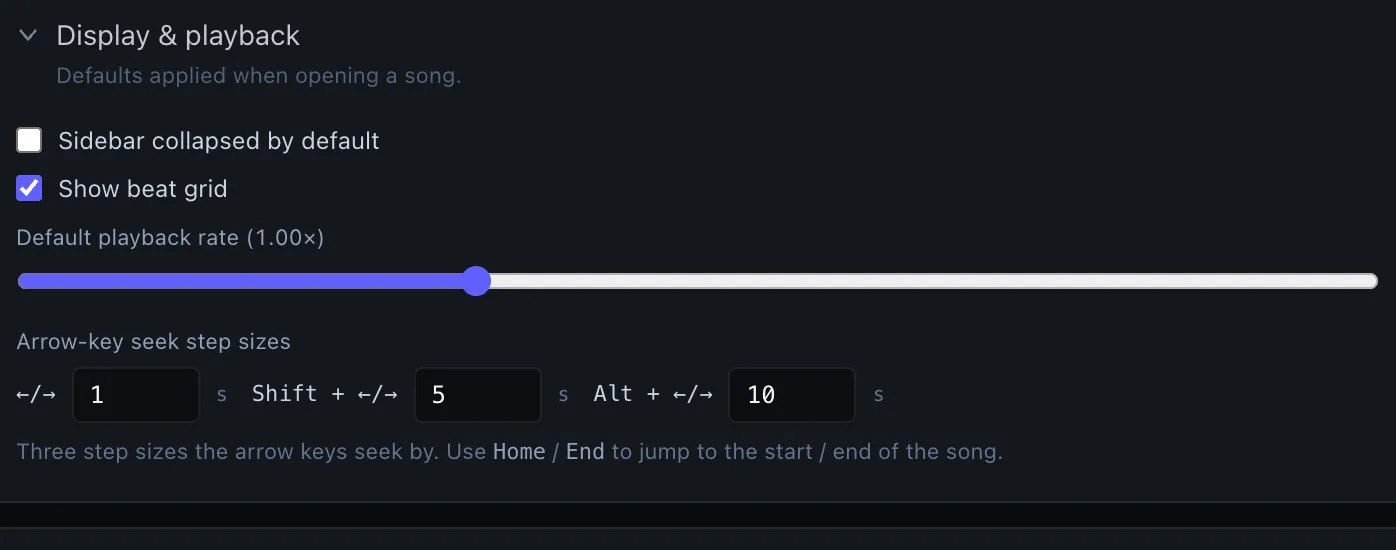 Display & playback defaults — sidebar, beat grid, playback rate, and seek steps