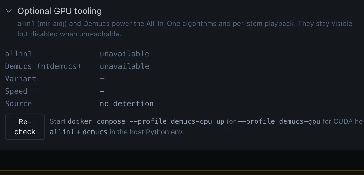 Optional GPU tooling — allin1 and Demucs install status