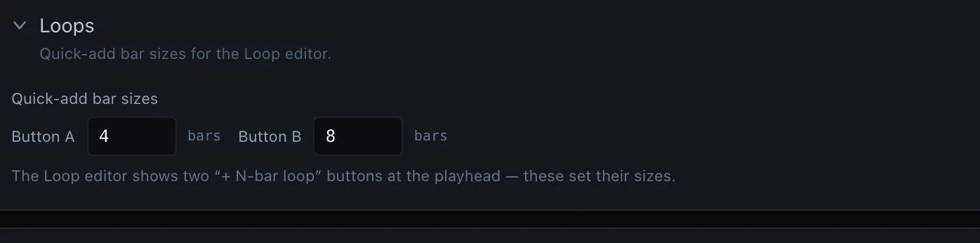 Loops — quick-add bar sizes for the Loop editor