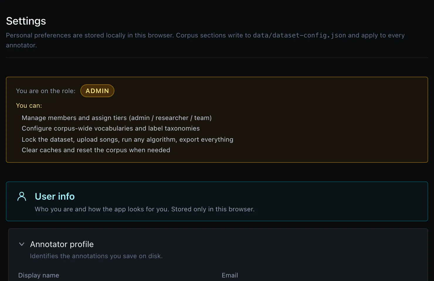 The Settings page — role banner plus the five collapsible categories
