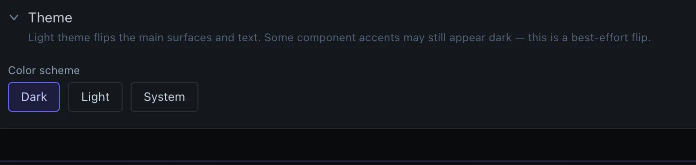 Theme — dark / light / system color scheme
