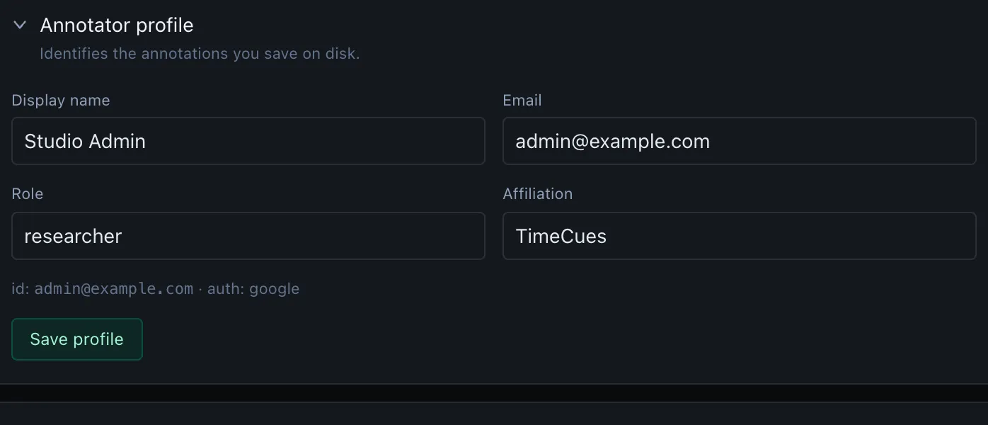 Annotator profile — display name, email, role, affiliation, and Save profile