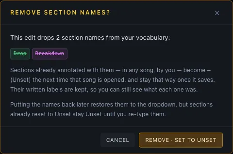 The Remove section names? dialog — the dropped names struck through, what happens to sections using them, and Cancel / Remove · set to Unset