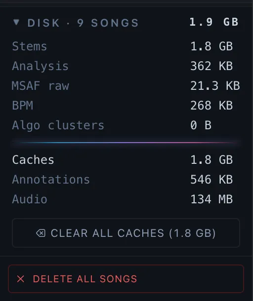 Sidebar footer — per-bucket storage sizes plus Clear all caches and Delete all songs