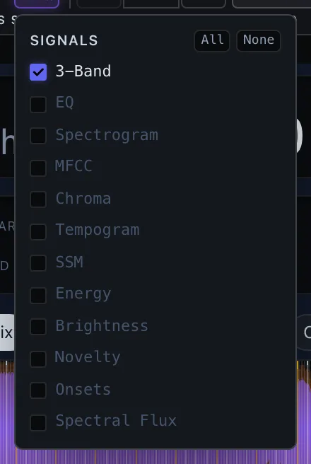 Signals dropdown — an All / None heading over twelve checkboxes (3-Band, EQ, Spectrogram, MFCC, Chroma, Tempogram, SSM, Energy, Brightness, Novelty, Onsets, Spectral Flux); the button shows the count of enabled rows