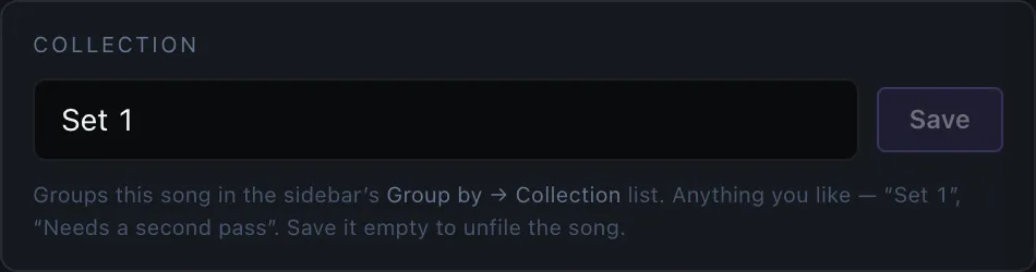 The Collection card in the Song setup panel — one free-text name with its own Save button