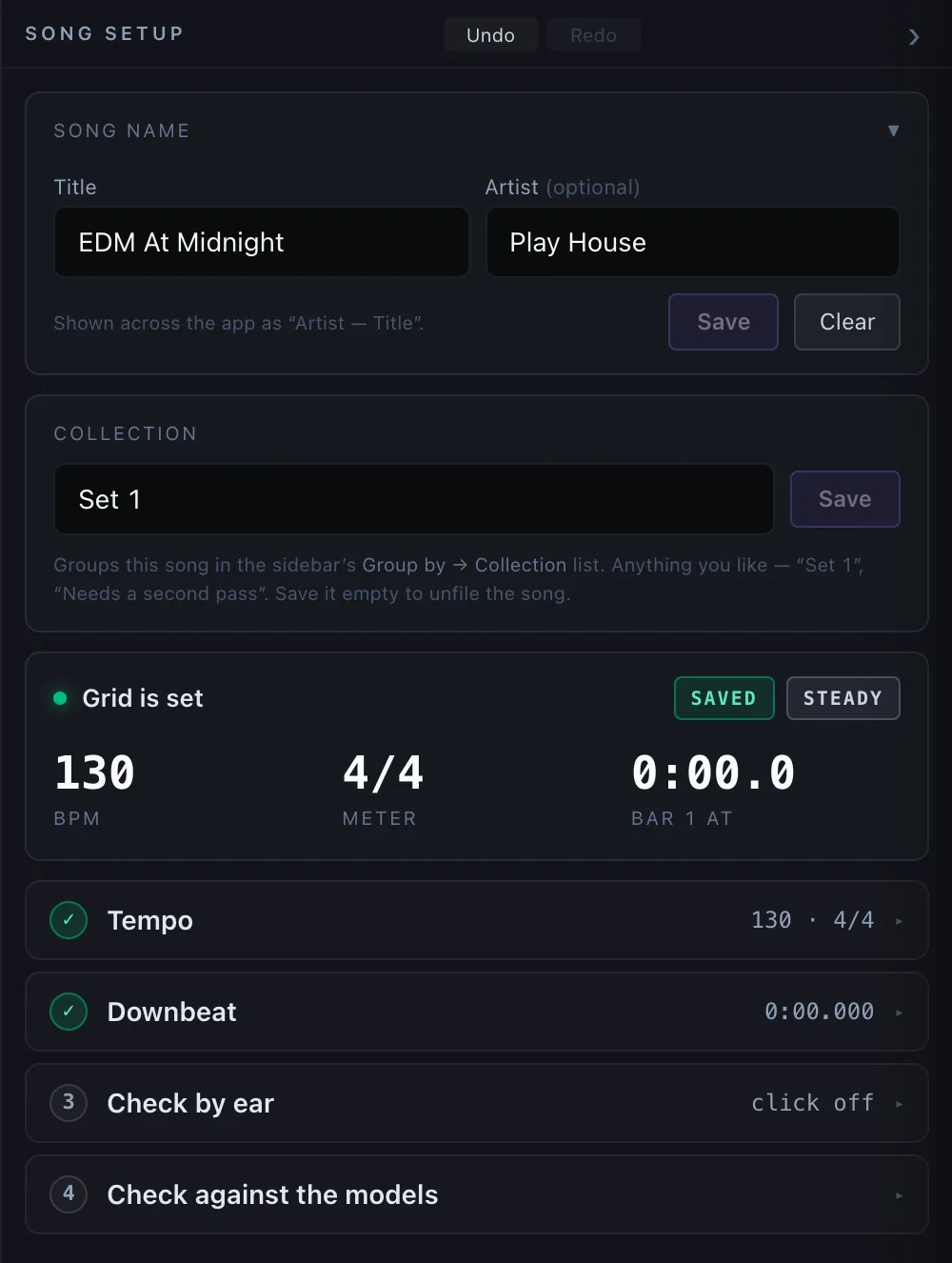 The Song setup sidebar (Dataset Prep) — the Song name card, the grid status card, and the numbered steps: Tempo, Downbeat, Check by ear, Check against the models