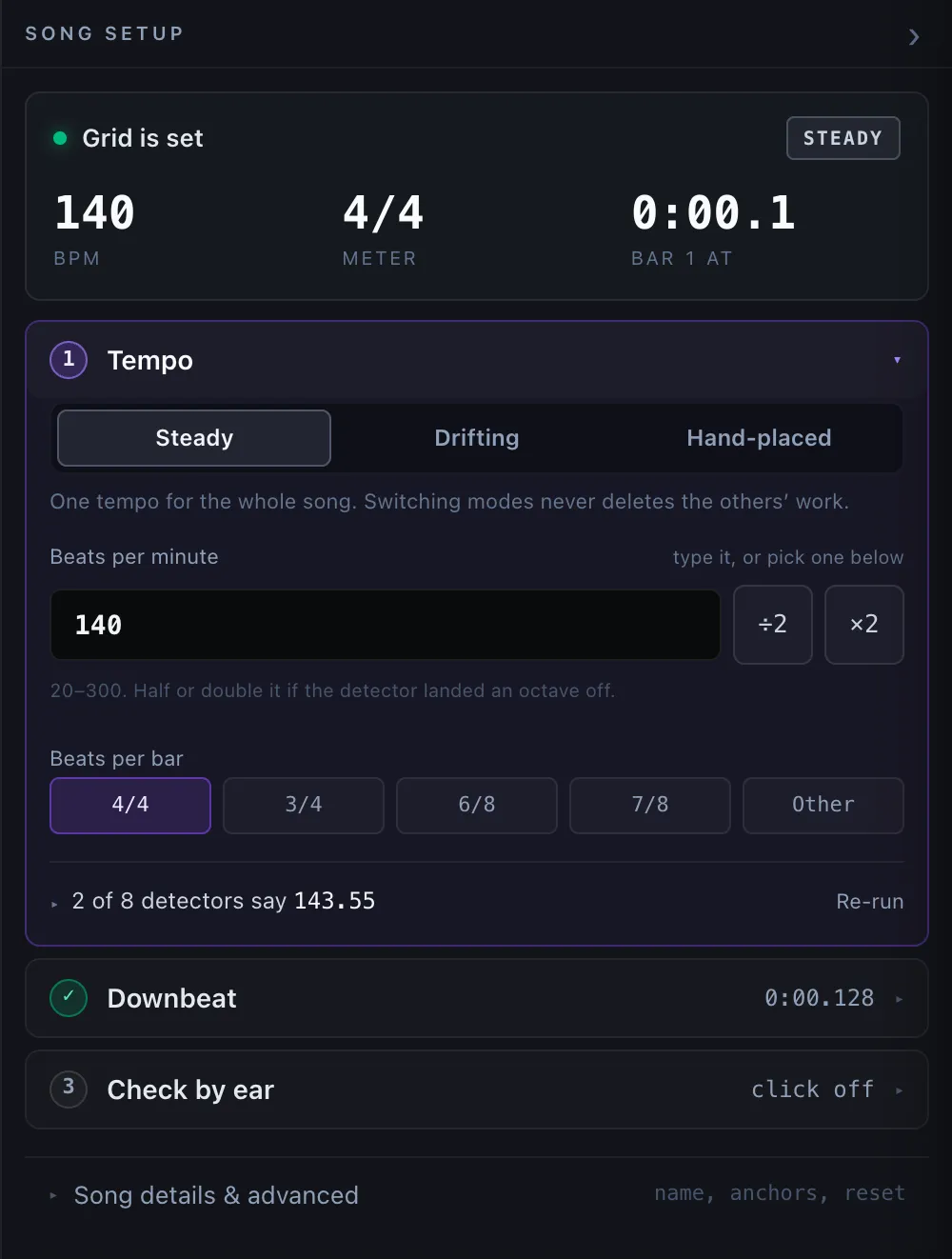 The BPM and Time signature fields with the auto-detected suggestion chips