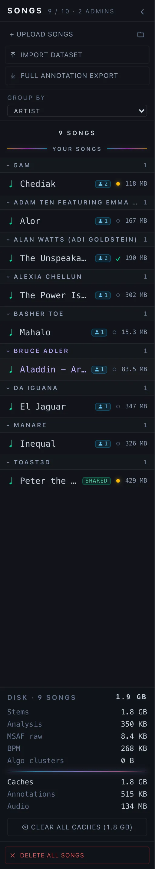 The Song Sidebar fixed to the left edge — header actions, the "your songs" list, and the storage footer