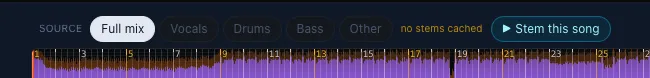 Source picker above the player — Full mix / Vocals / Drums / Bass / Other, with a cyan ▶ Stem this song button next to the "no stems cached" hint