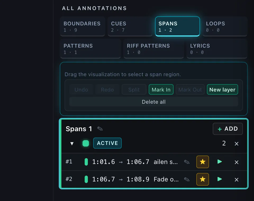 The Spans layer in the Annotate sidebar — the card's + Add button sits in its header, beside the layer name