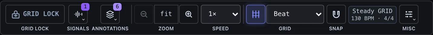 The viz control bar — Grid Lock, Signals, Annotations, Zoom, Speed, Grid, Snap, and Misc clusters